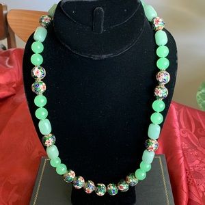 Striking Jade beads and cloisonné with Silver lobster clasp
